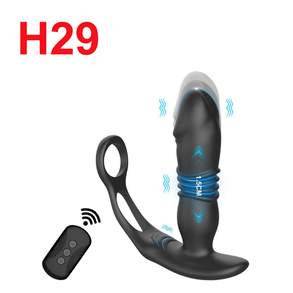 Thrusting Anal Plug and Cock Ring with Remote, 13 cm